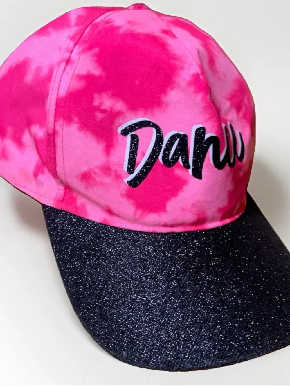 Kids Pink Tie-Dye Cap with Black Glitter Brim